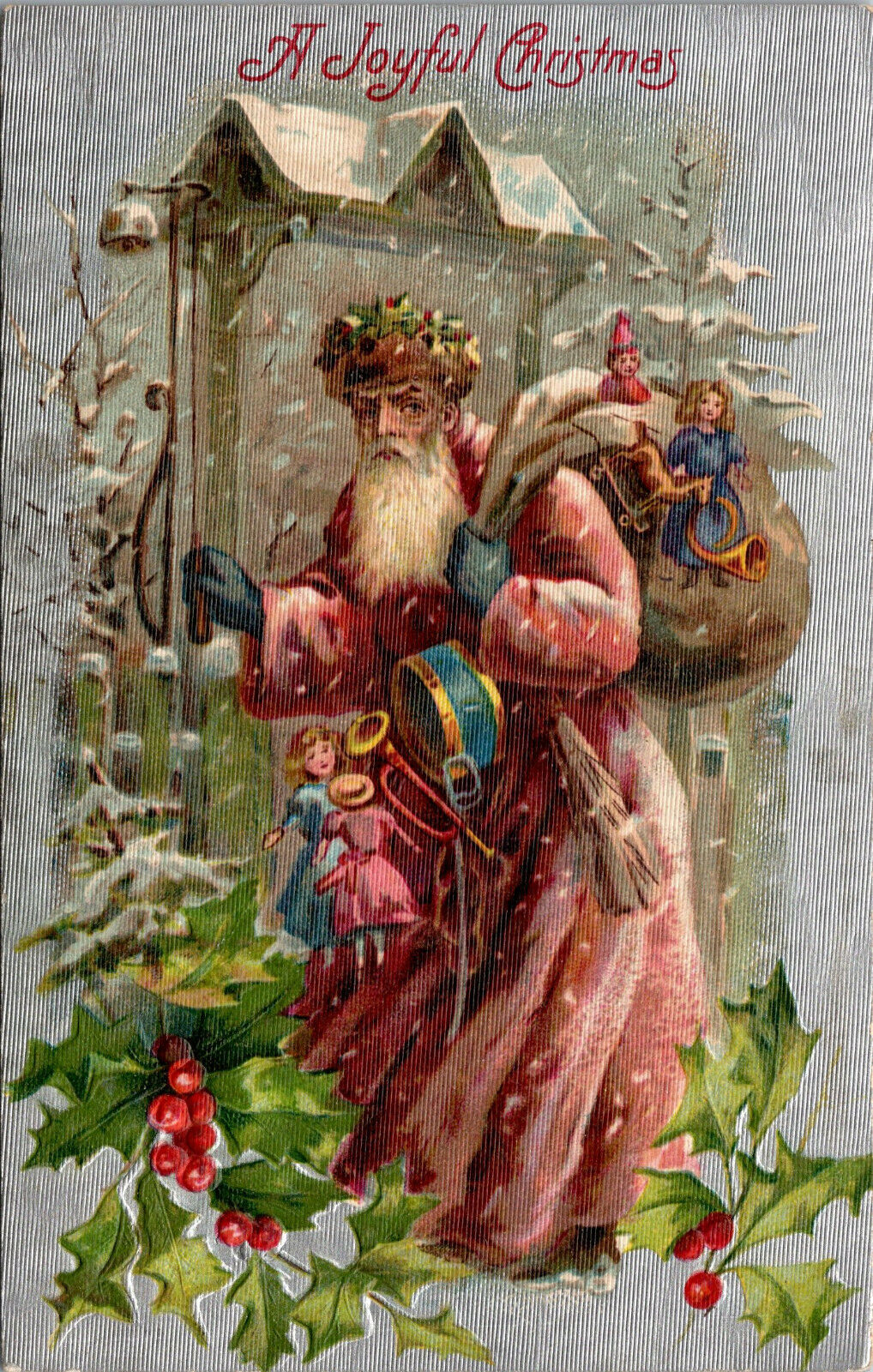 Vtg 1910s A Joyful Christmas St Nicholas Santa Bag of Toys Silver Gilt Postcard