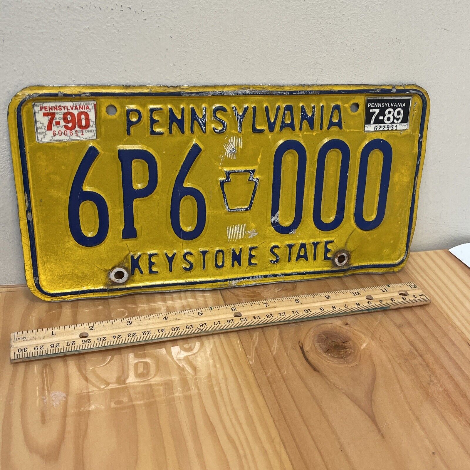 Vtg PA Pennsylvania License Plate 1989's Yellow Keystone State 6P6 000 Triple 0