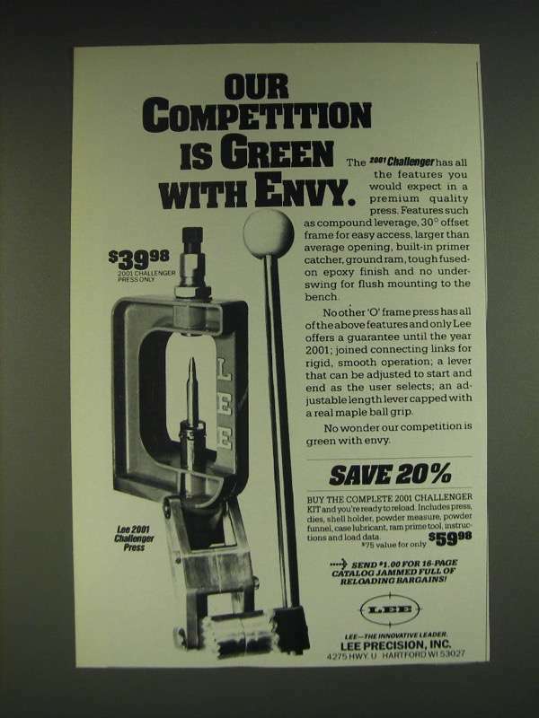 1985 Lee Precision 2001 Challenger Press Ad - Our competition is Green with Envy