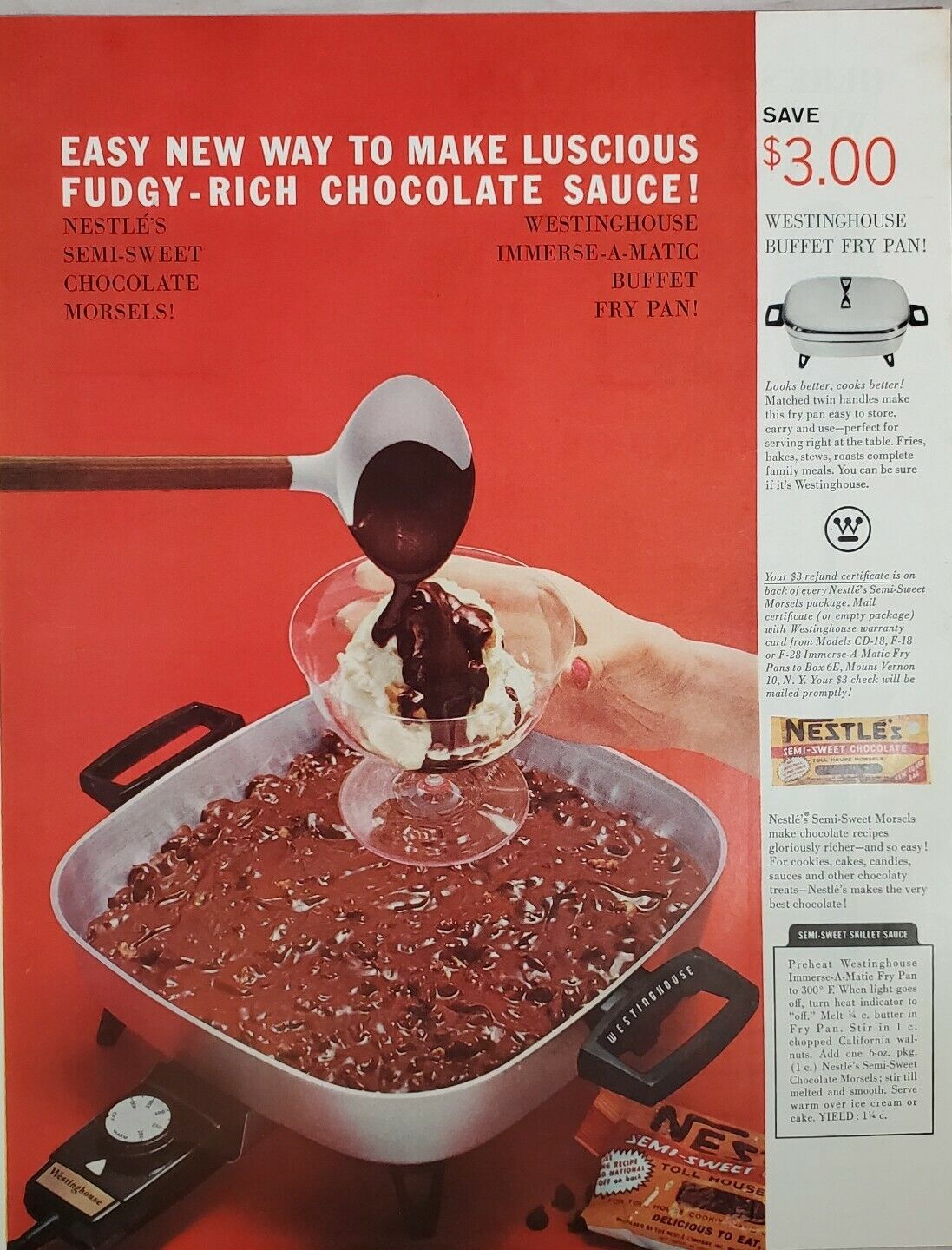1961 Ad Westinghouse Buffet Fry Pan Recipe Electric Skillet Nestlé Chocolate 