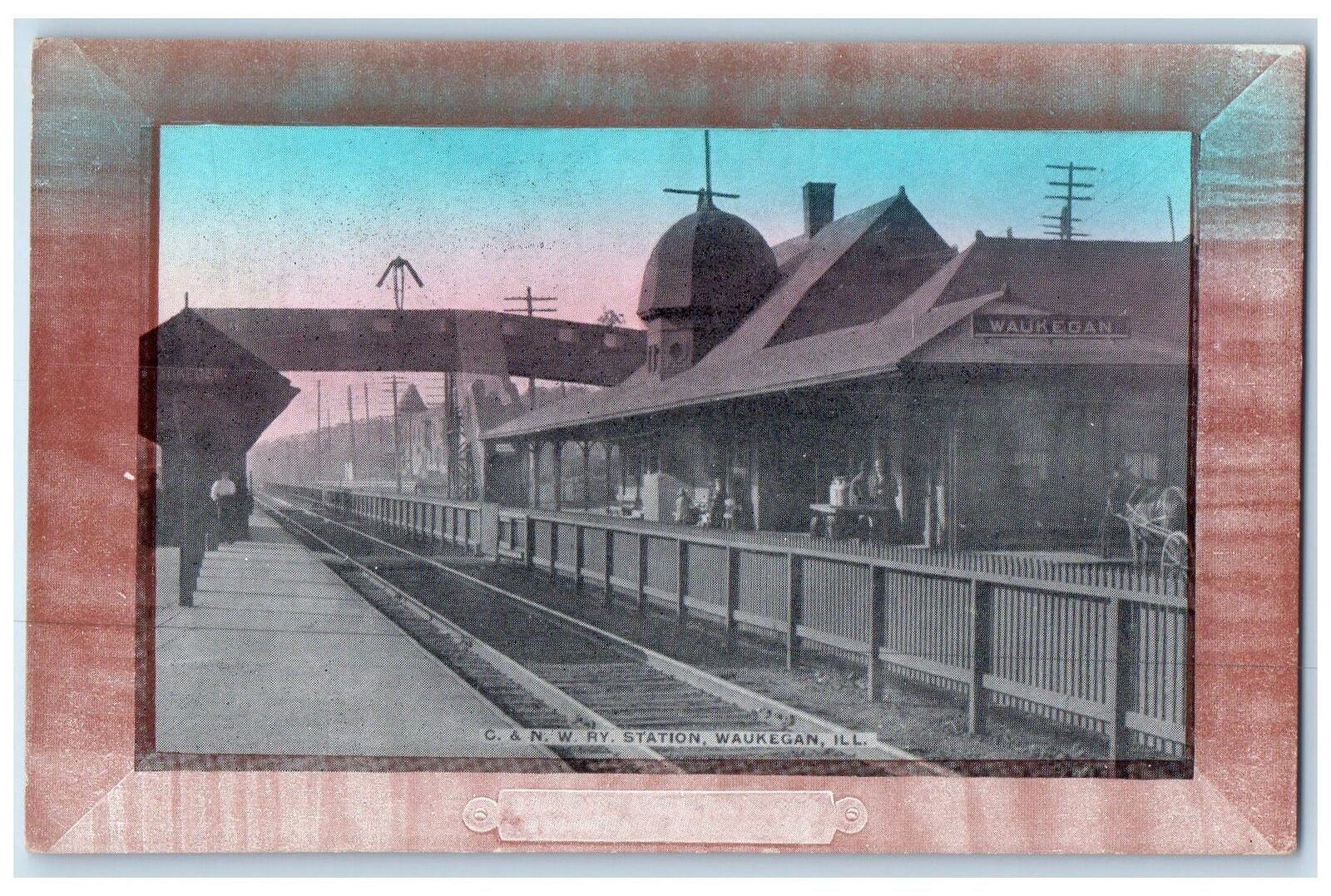 c1950's C. N. W. RY. Train Station Depot Railroad Waukegan Illinois IL Postcard