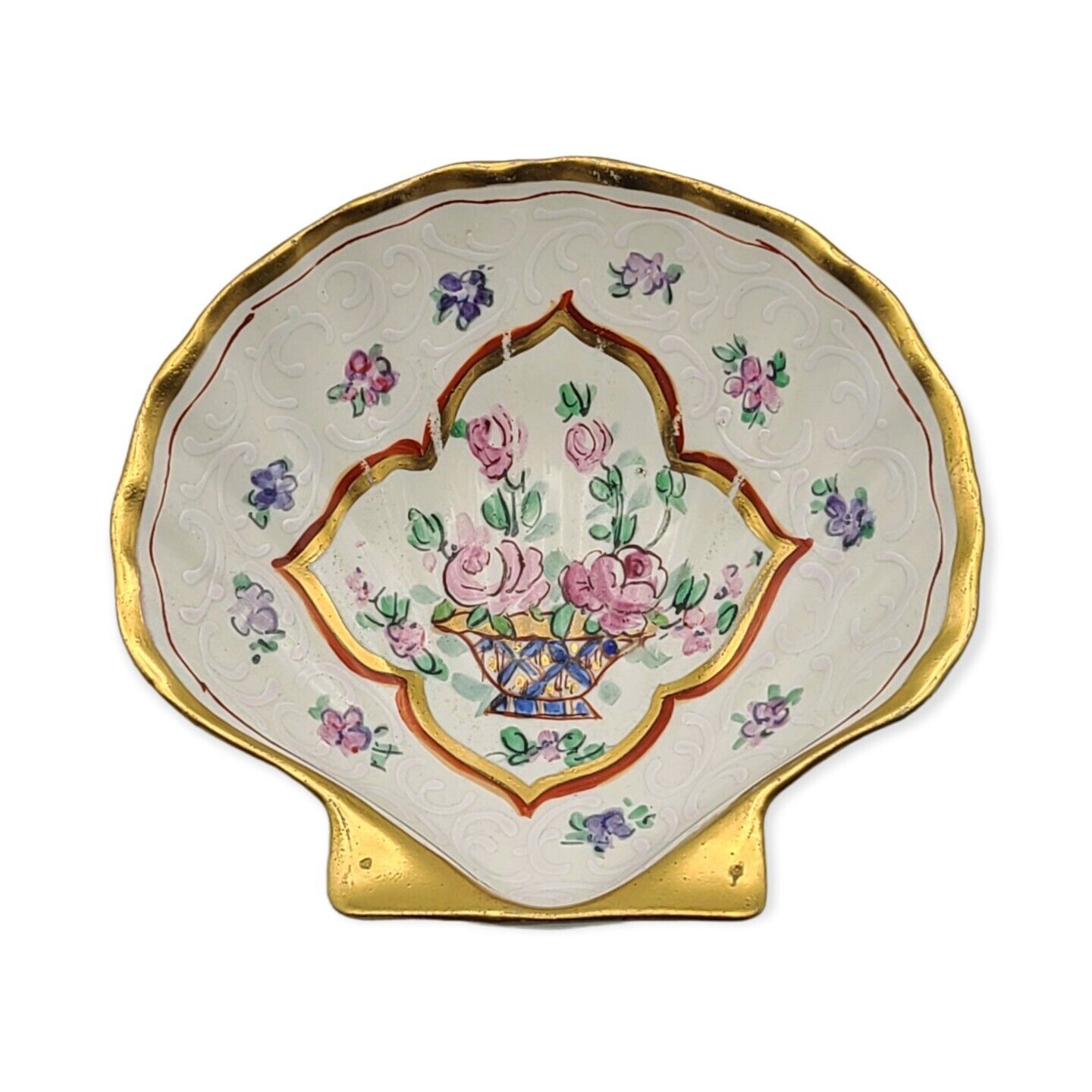Vtg French Amogee Shell Trinket Dish Ashtray Hand Painted Porcelain Gold Floral
