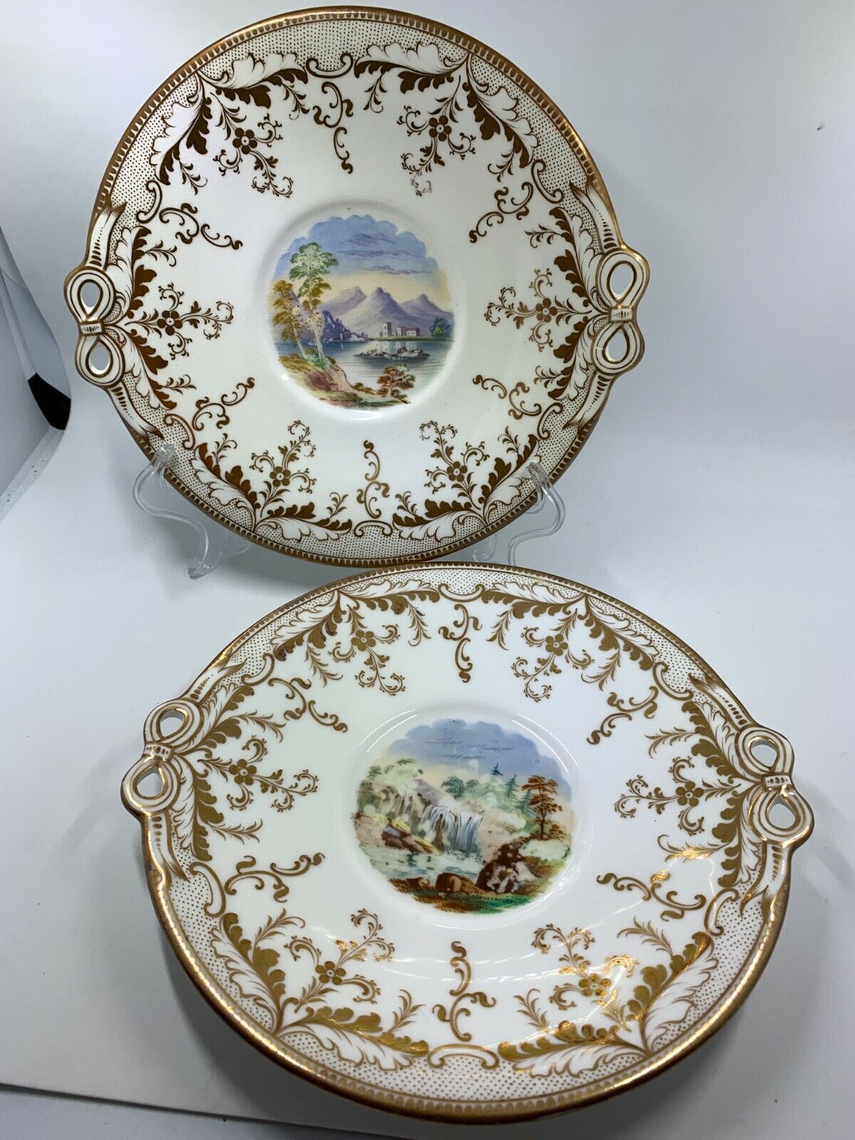 Pair vintage decorative landscape and gilded plated with cut out detail and gold