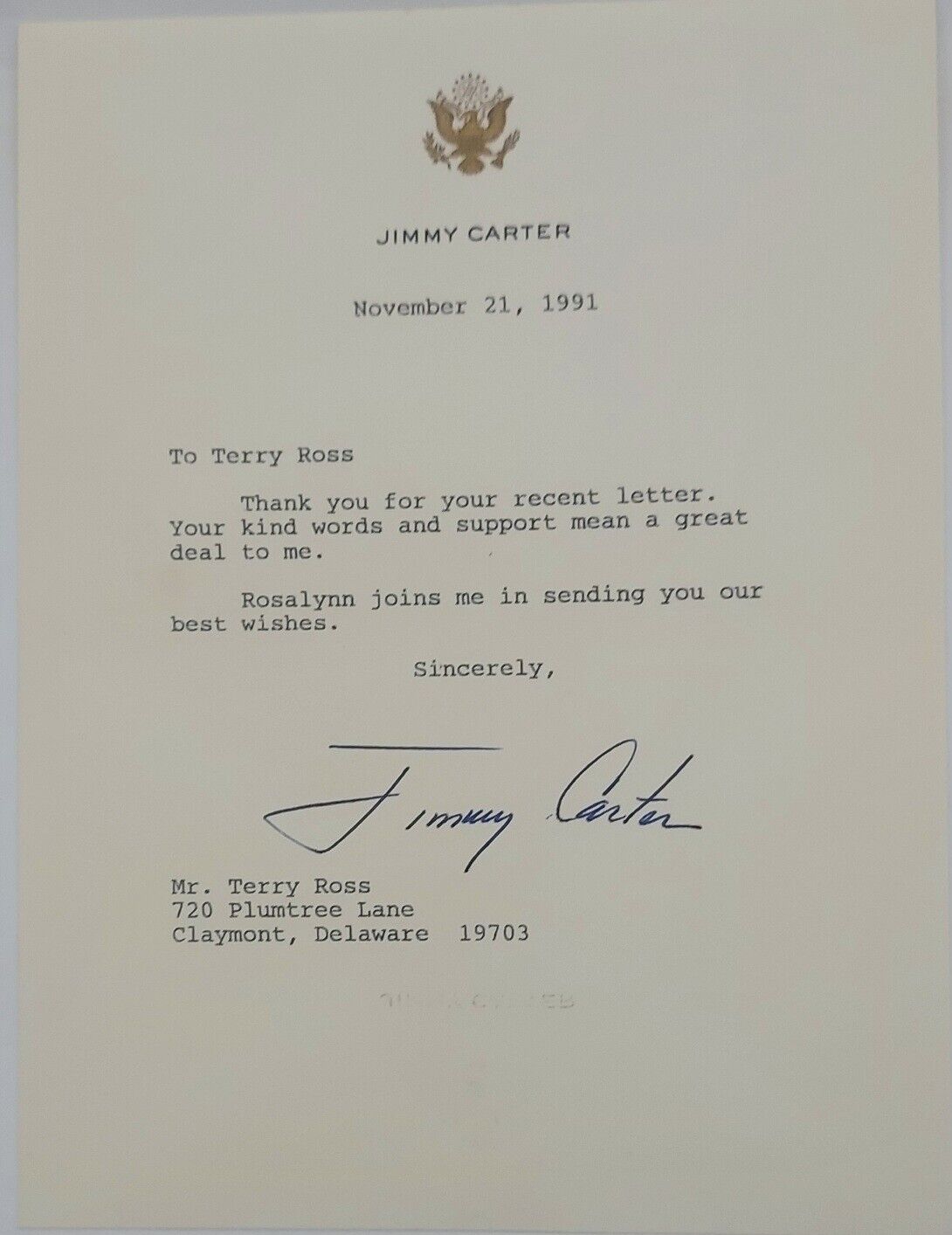 President Jimmy Carter 1991 Signed Letter