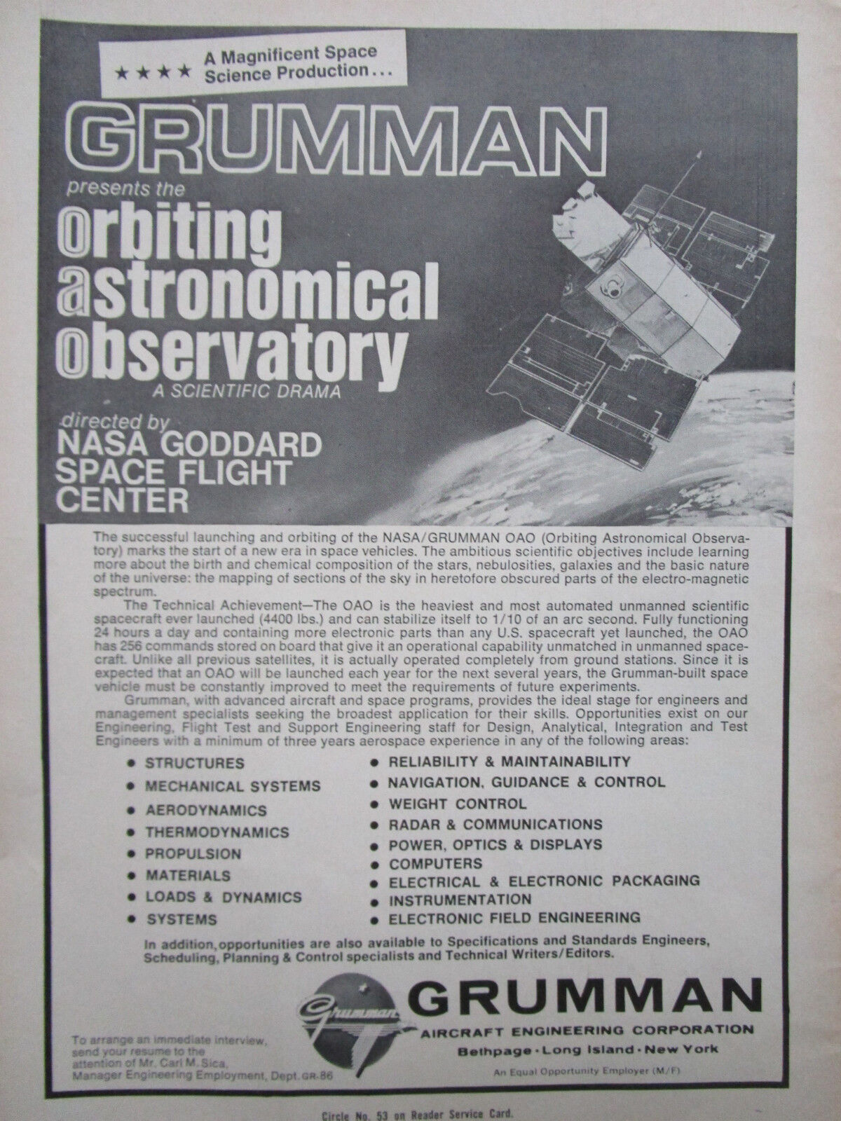 4/1969 PUB GRUMMAN AIRCRAFT OAO ORBITING ASTRONOMICAL OBSERVATORY ENGINEER AD