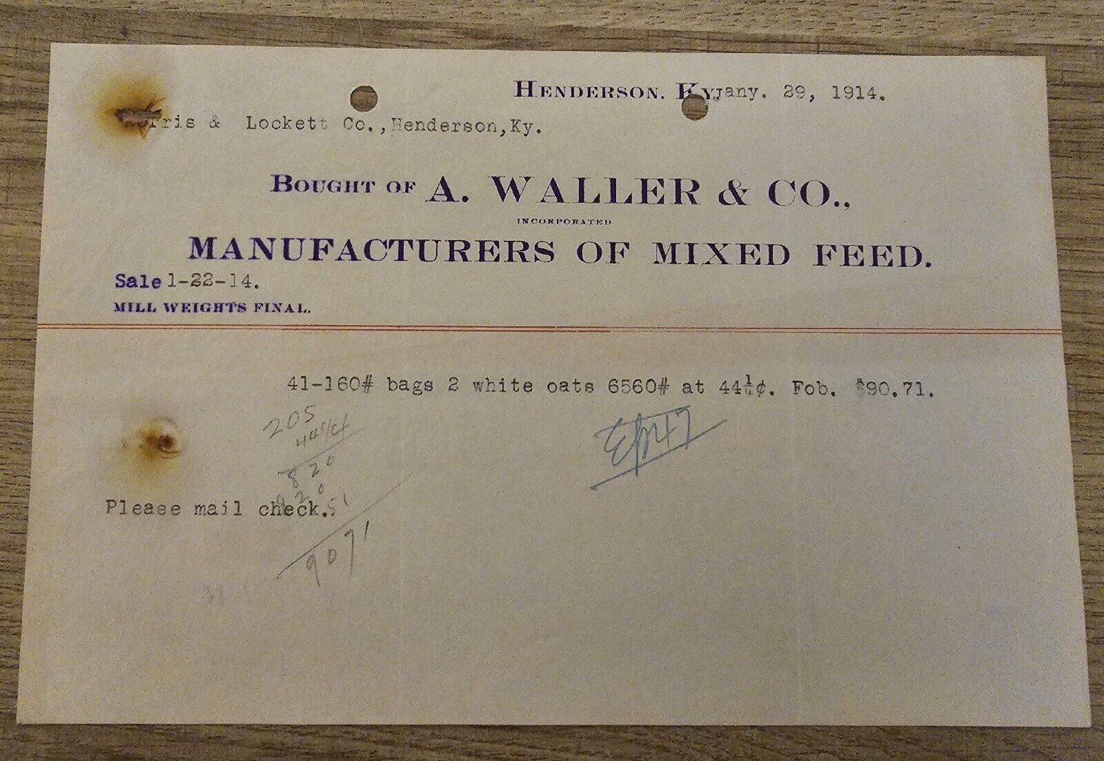 1914 A Waller Manufacturers Of Mixed Feed Billhead Receipt Henderson KY