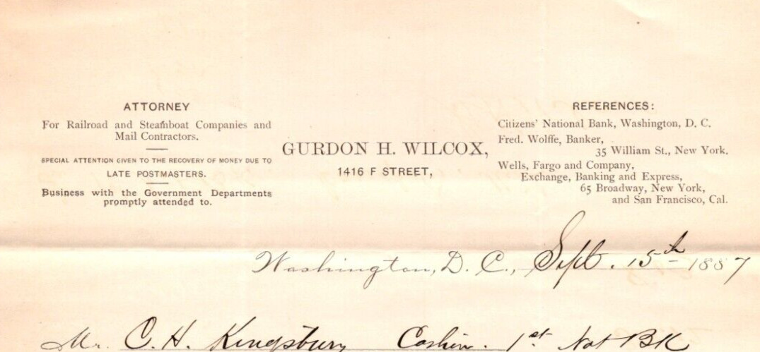 1887 Gurdon H Wilcox Washington DC Railroad Attorney Collection Receipt Lot of 2