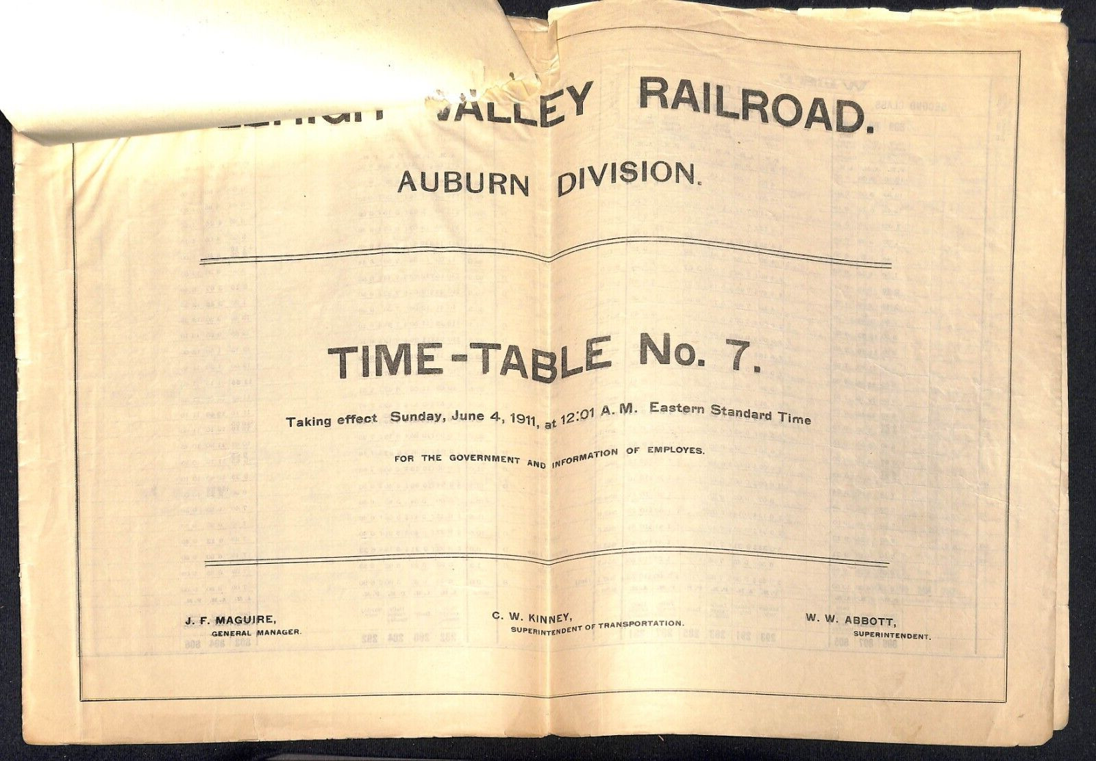 1911 Lehigh Valley Railroad Auburn Div. GOV\'T / Employe Time Table 8pp Scarce