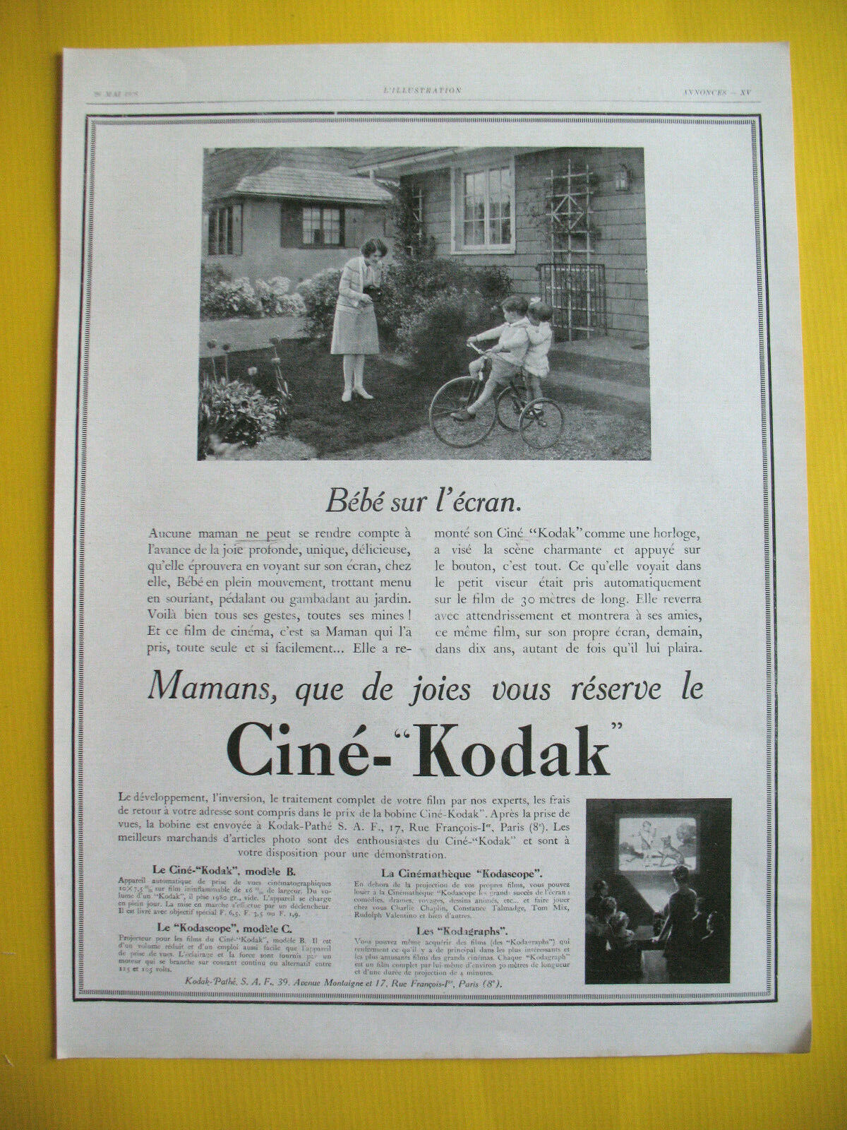 KODAK CINEMA PRESS RELEASE MODEL B KODASCOPE Baby ON TRICYCLE SCREEN 1927