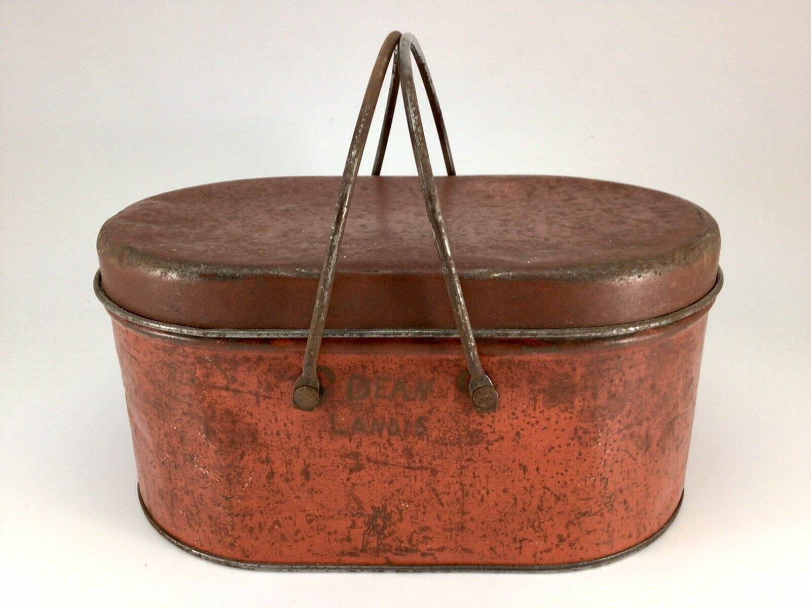 Antique Tin Lunch Box Pail Red Oval Personalized Metal
