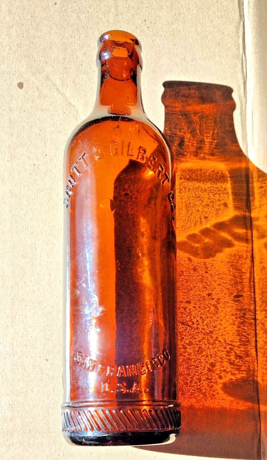 Antique c.1900s Amber Embossed Crown Top Bottle SCOTT & GILBERT CO SAN FRANCISCO