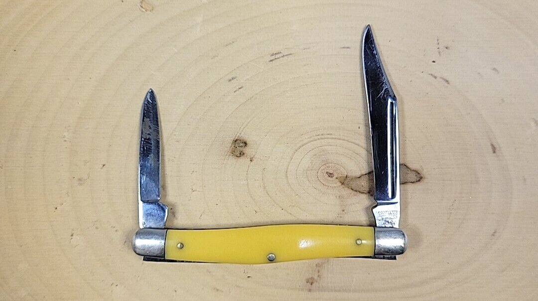 Vintage Camillus New York USA #48 2 Blade Folding Pocket Knife Yellow Handle