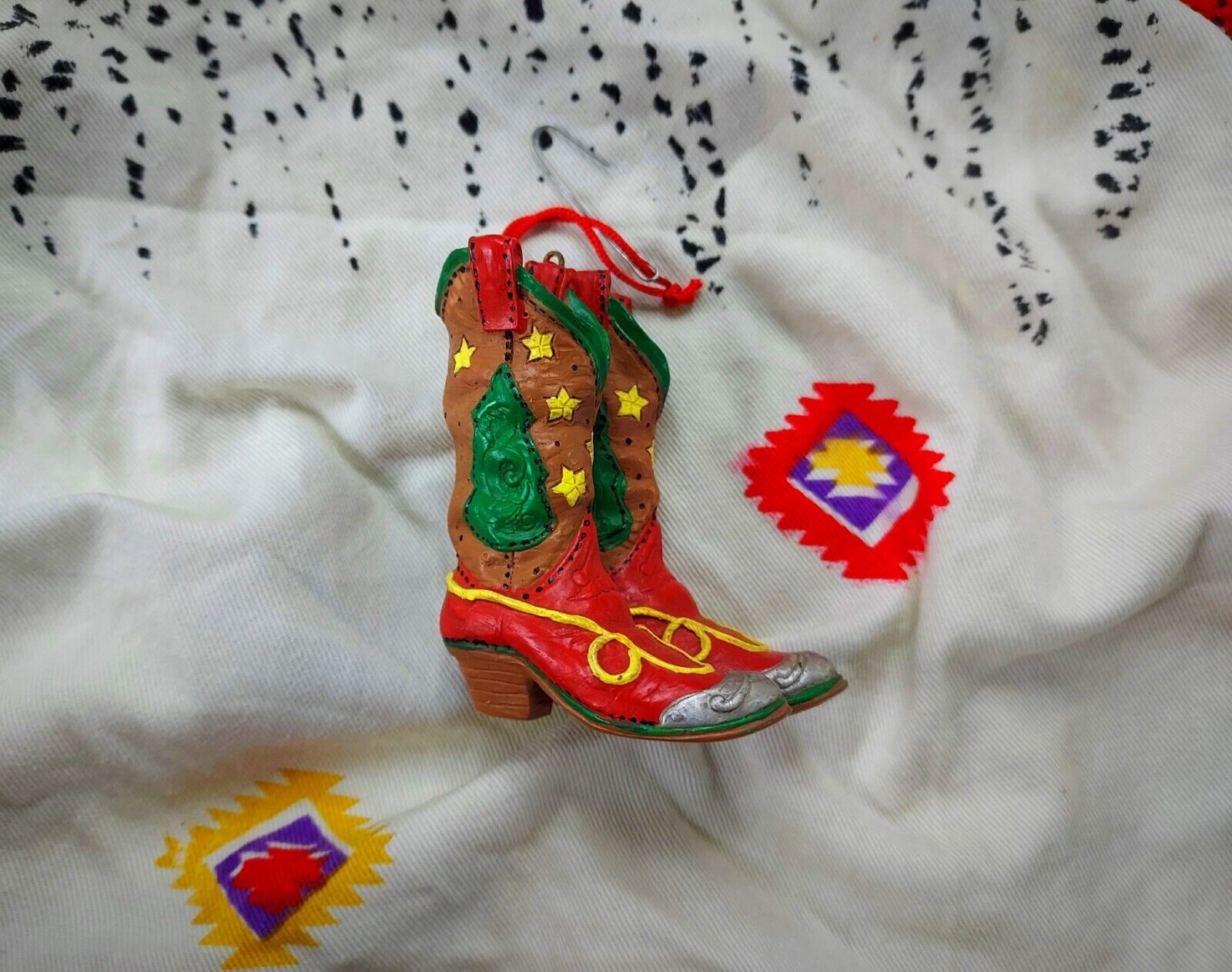 Red Cowboy Boots Christmas Tree Ornament Western Rodeo Southwest Vtg 1980s 1990s