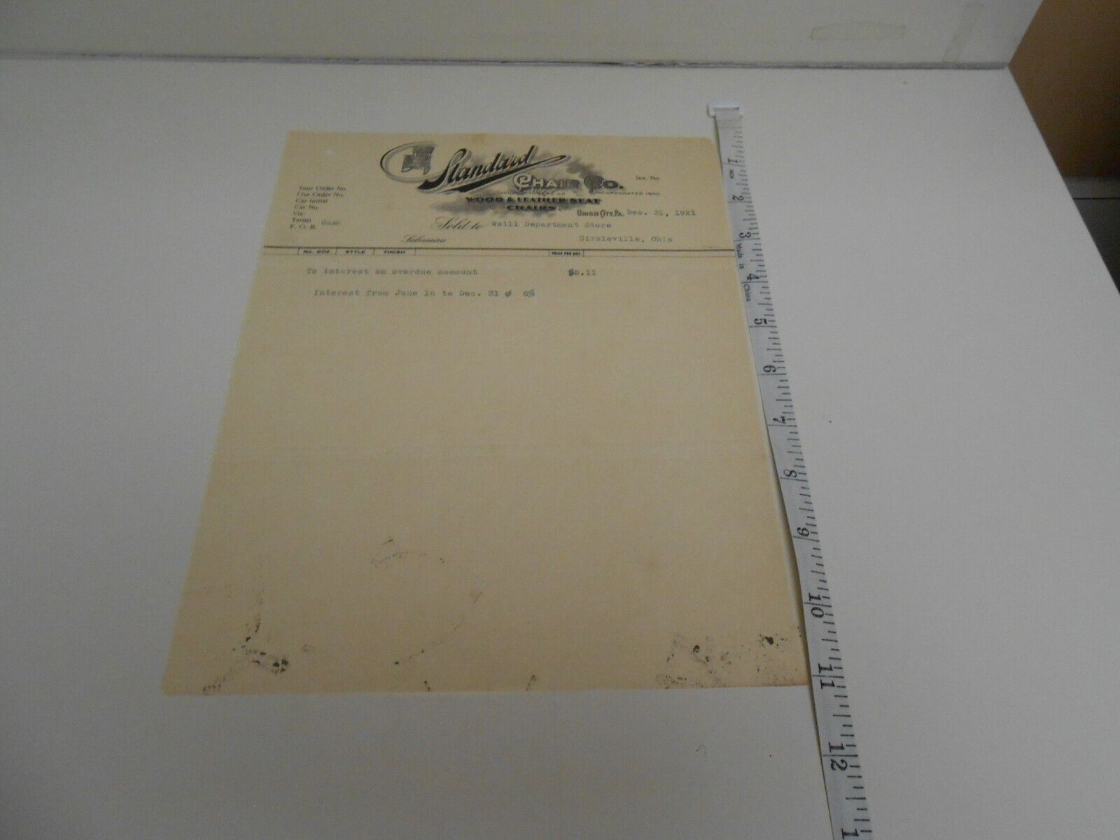 1921 Union City, Pennsylvania Business Letter (Interest Owed) Standard Chair Co