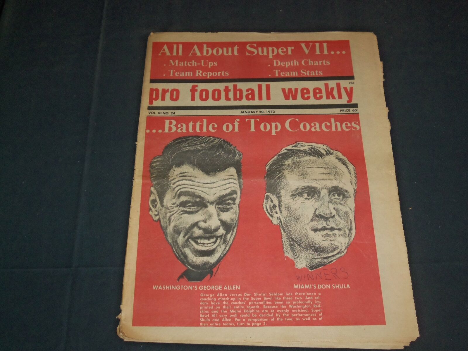 1973 JANUARY 20 PRO FOOTBALL WEEKLY NEWSPAPER - GEORGE ALLEN-DON SHULA - NP 3516