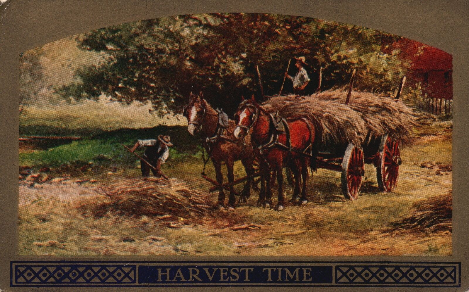 Vintage Postcard 1910's Harvest Time Farming Hay Carried By Horses