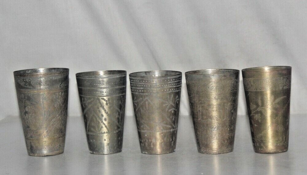 1930'S OLD BRASS HANDCRAFTED FLORAL & BIRD INLAY ENGRAVED MILK/LASSI GLASSES