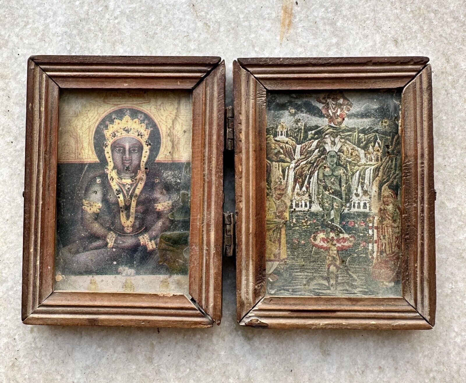 Vintage Old Hindu God Mahavir Swami Worship Litho Print With Sandalwood Frame