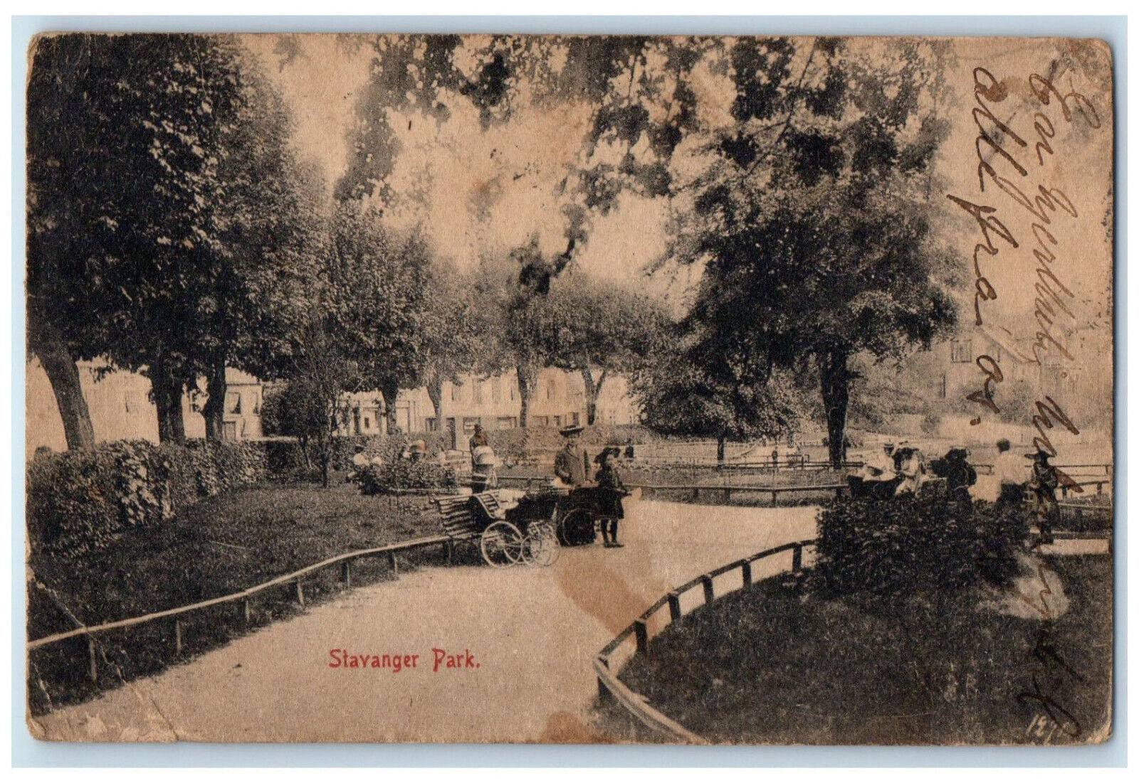 1908 Baby Strollers Scene at Stavanger Park Norway Antique Posted Postcard
