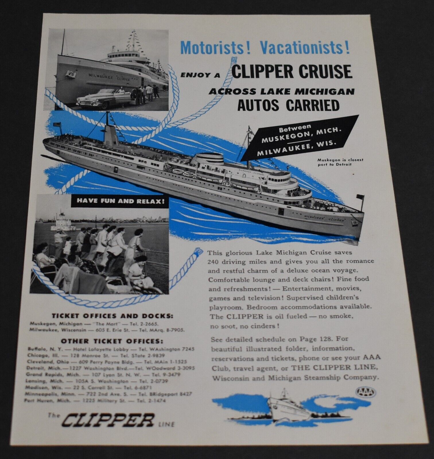 1951 Print Ad Michigan Muskegon Milwaukee WI Clipper Line Cruise Lake Vacation