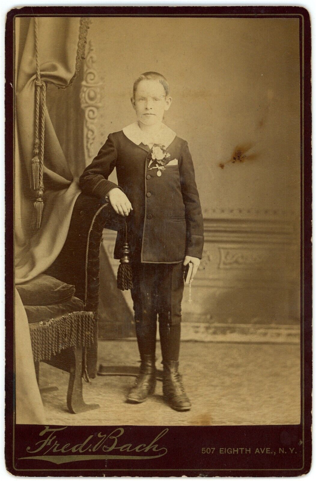CIRCA 1890\'S CABINET CARD Young Boy in Black Suit & Boots Fred Bach New York NY