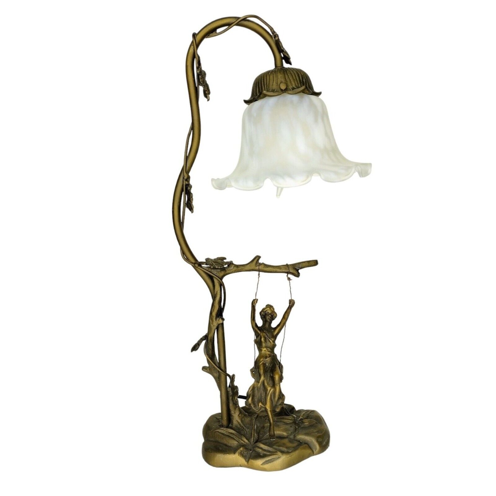 Vintage Art Nouveau Bronze Girl On A Swing Table Lamp Tulip Lampshade RARE