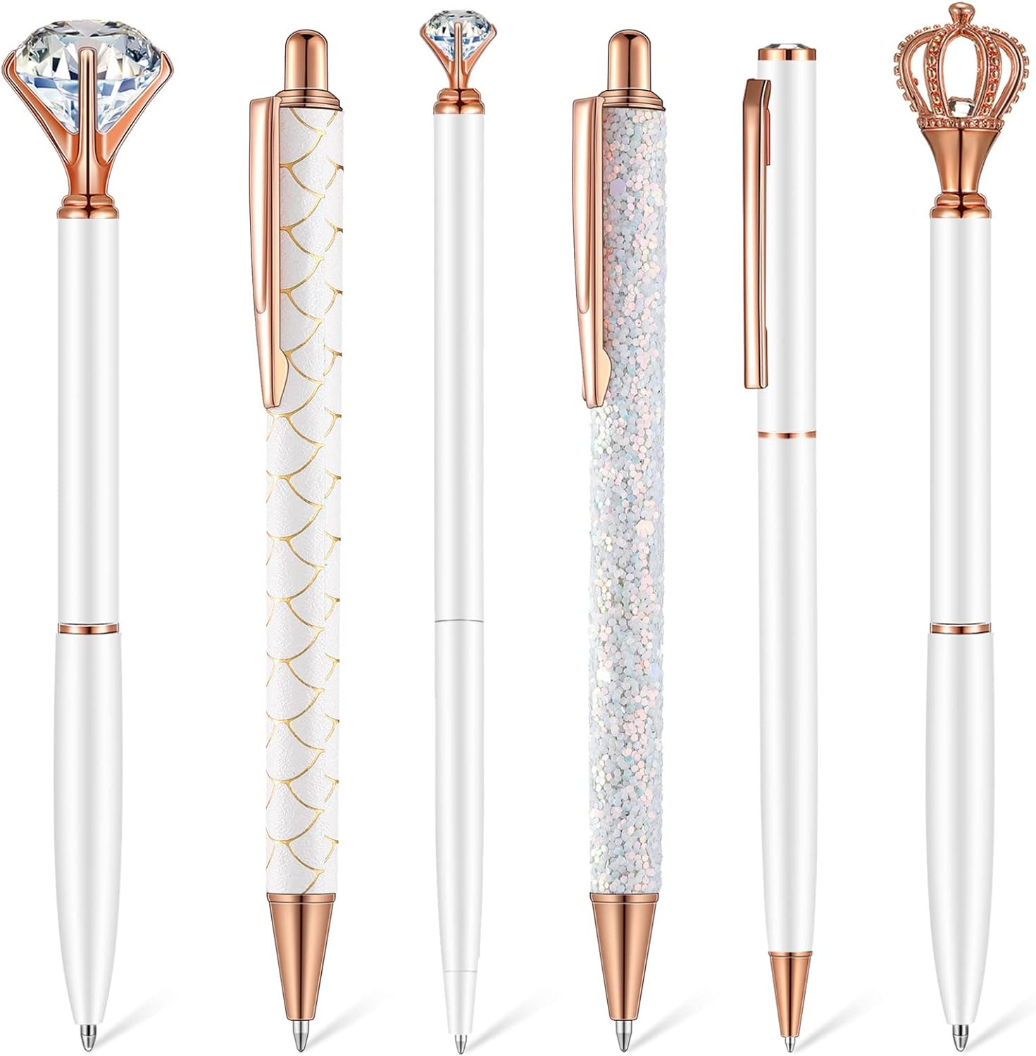 6 Pcs Ballpoint Pens Set Metal Crystal Diamond Pen for Journaling Black Ink Ball