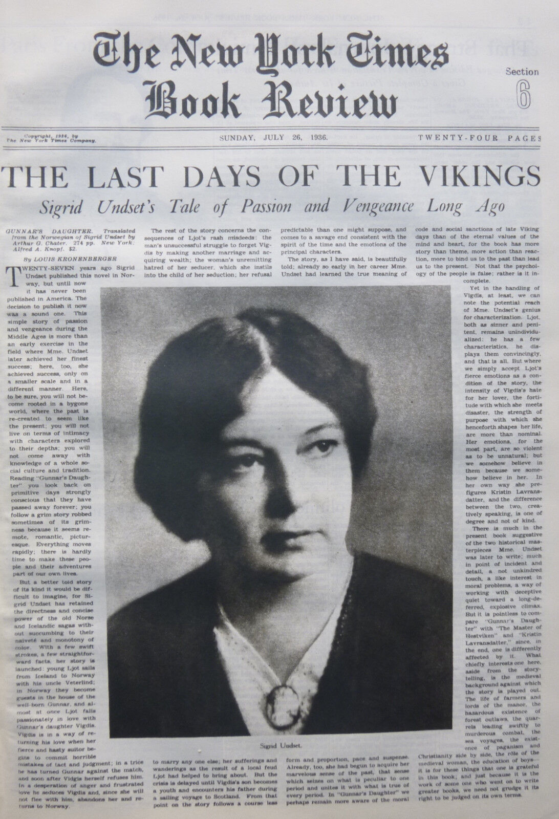 GWTW ADVERT SIGRID UNDSET - GUNNAR\'S DAUGHTER - VIKINGS - 1936 July 26 NY Times 