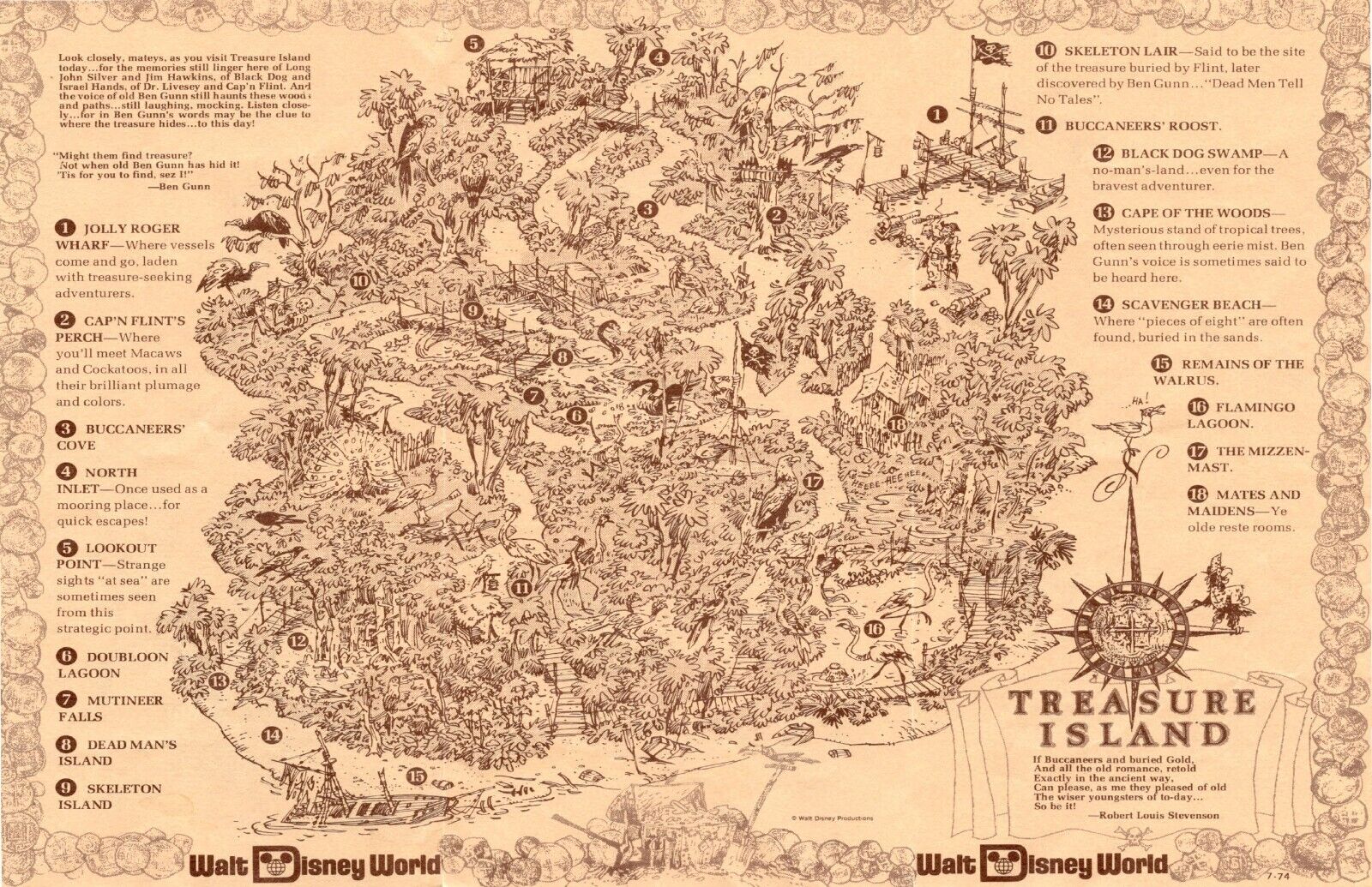 Treasure Island Map Walt Disney World Jolly Roger Retro Poster Print