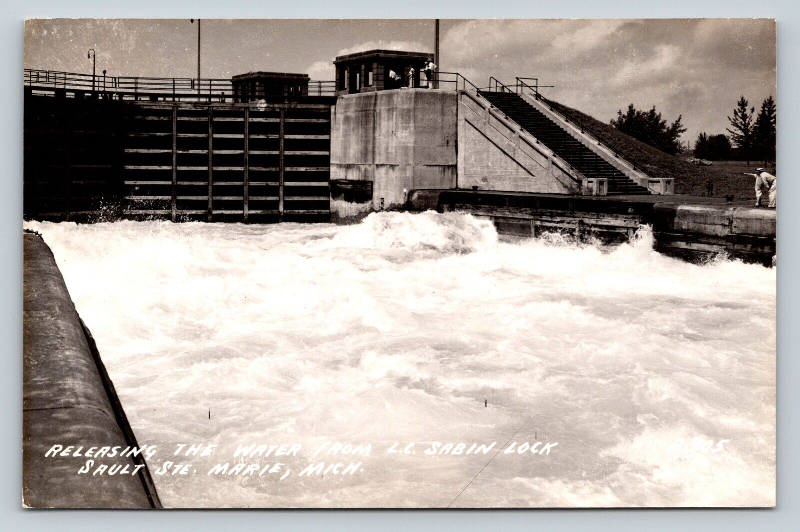c1940s RPPC Releasing Water From L.C. SABIN LOCK in SAULT STE. MARIE MI Postcard