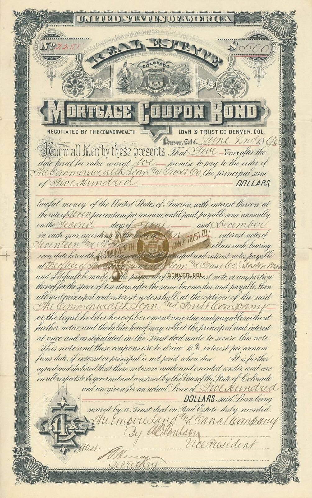Denver, Colorado Real Estate Mortgage Coupon Bond - 1890 dated Uncanceled Bond -