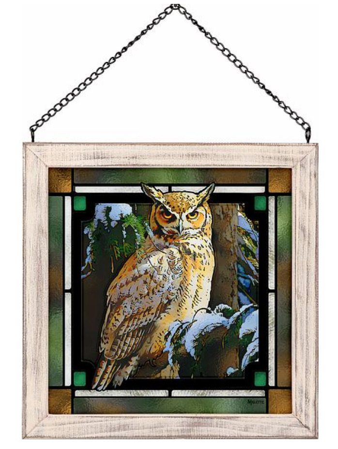 Snowy Perch-Great Horned Owl Stained Glass Art by Rosemary Millette Wild Wings