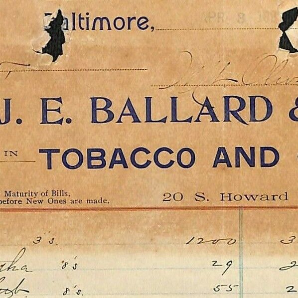 c1899 Scarce Letterhead J.E. Ballard Tobacco Cigars Baltimore - E. Baker*