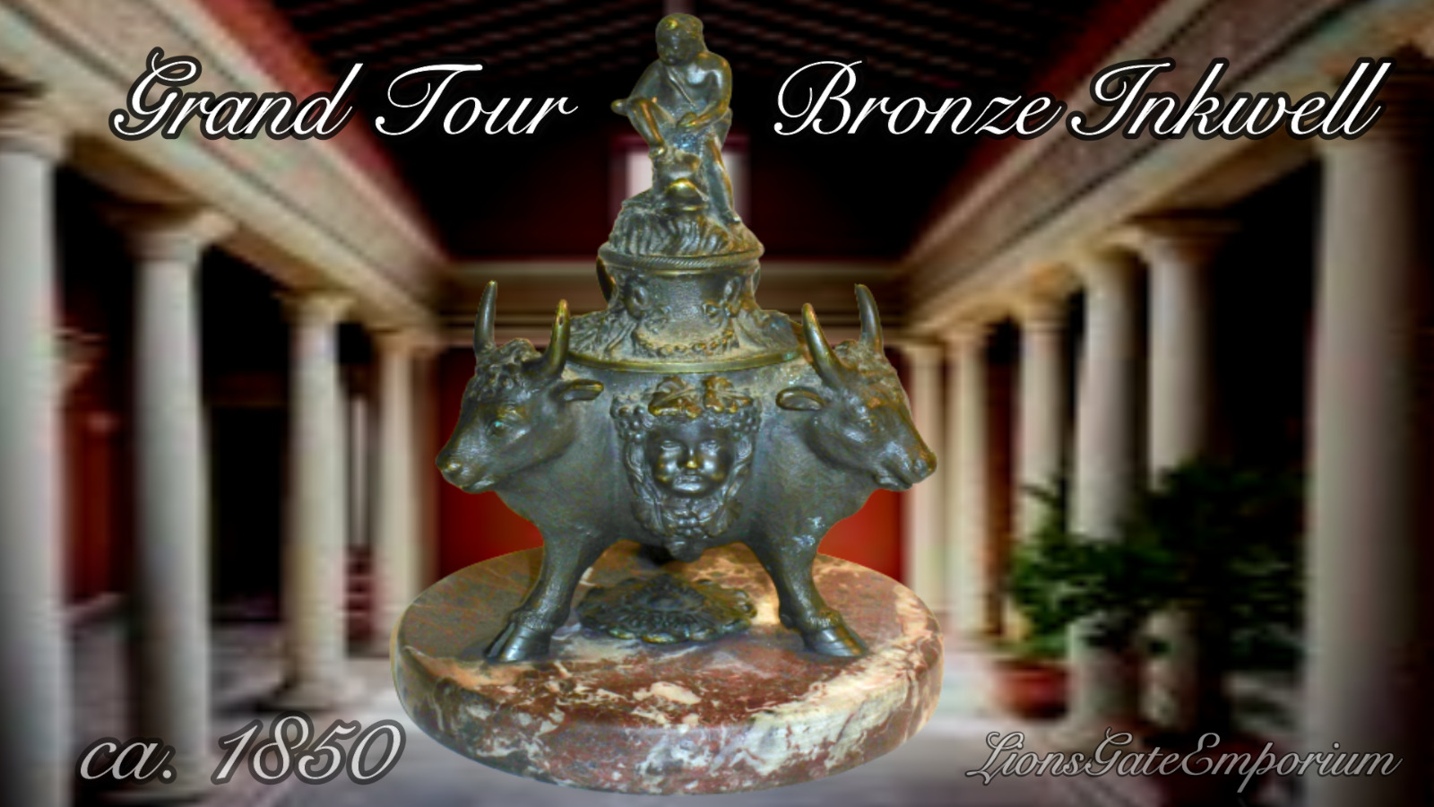 Superb Early Bronze Grand Tour Inkwell Inkwell Eros Bulls Bacchus Greek Roman