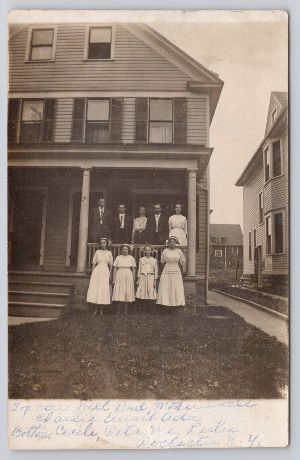 RPPC of Family on Porch Rochester New York NY Antique Real Photo 1911 Postcard