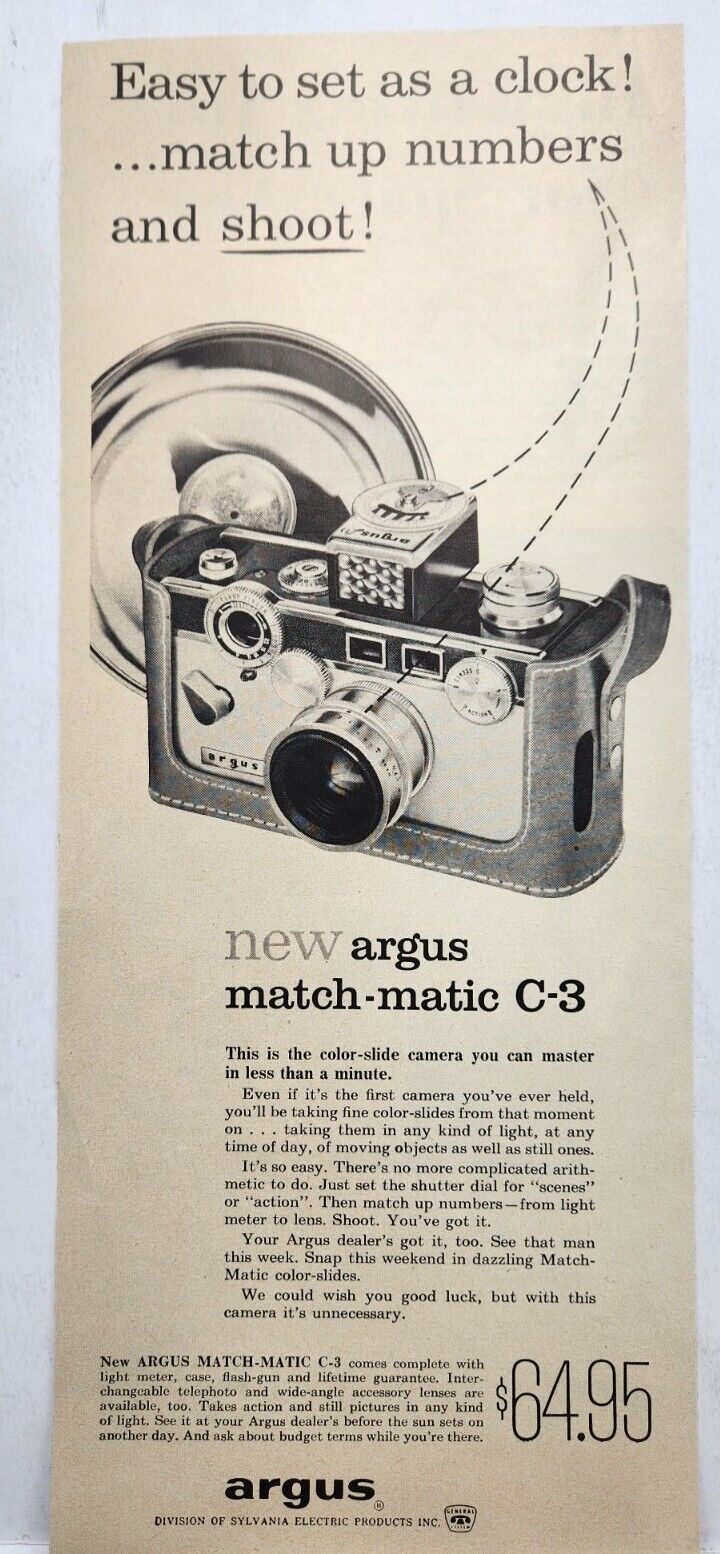 1959 Argus Camera Match Matic C-3 Vintage Print Ad Man Cave Art Deco 50's