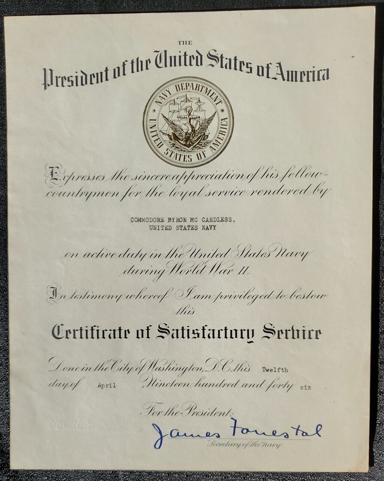 1946 James Forrestal US Secretary Defense Autograph Commodore McCandless Letter