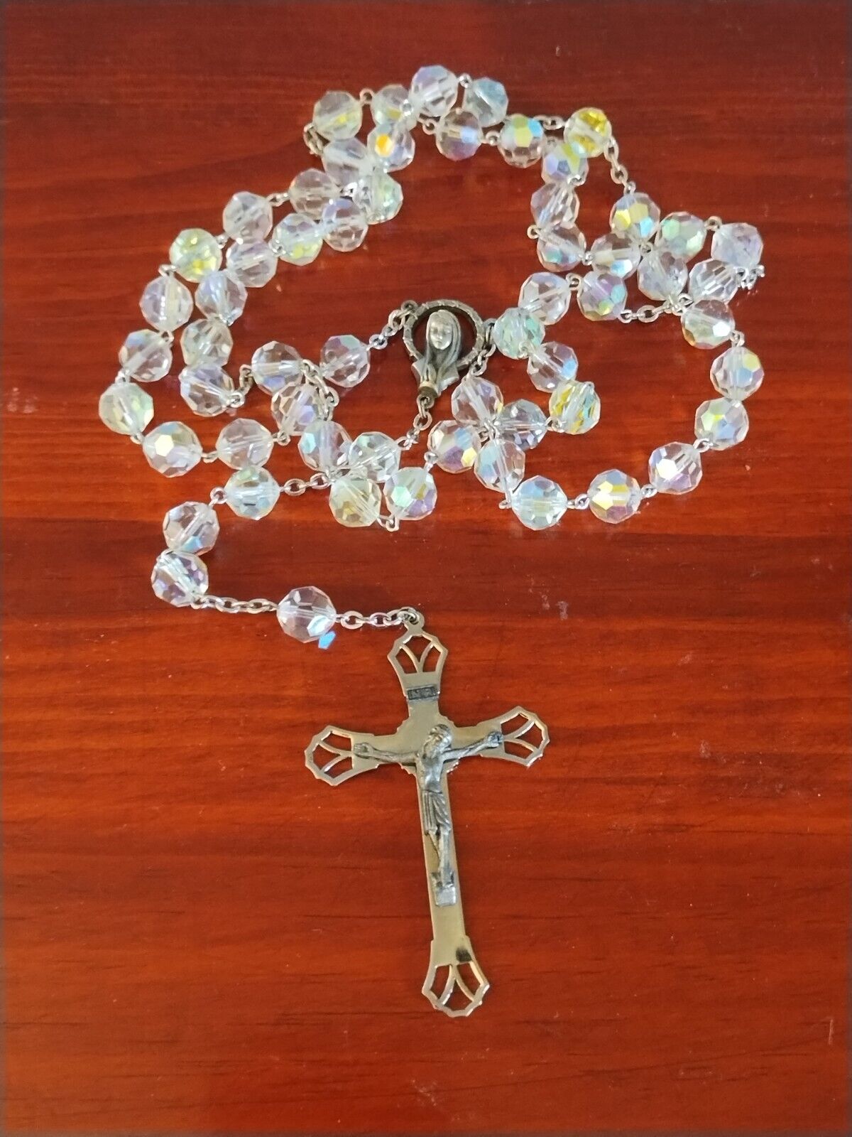 Vintage Aurora Borealis Crystal Rosary Silver Italy 