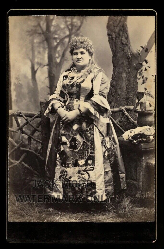 Rare Antique Photo Victorian Woman Wearing Amazing CRAZY QUILT DRESS & HAT