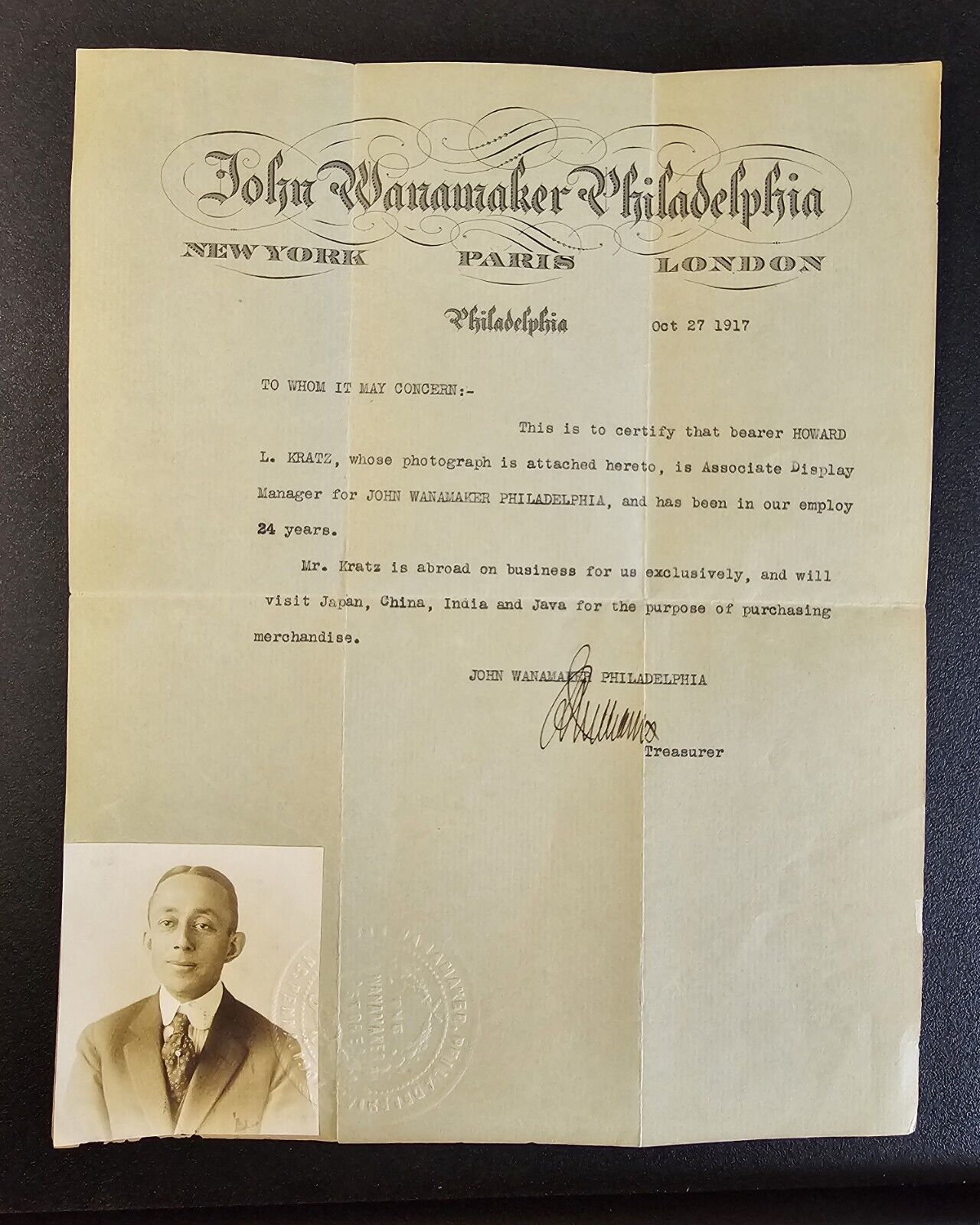 1917 Howard Kratz Photo Employment Verification ID Letter John Wanamaker PA