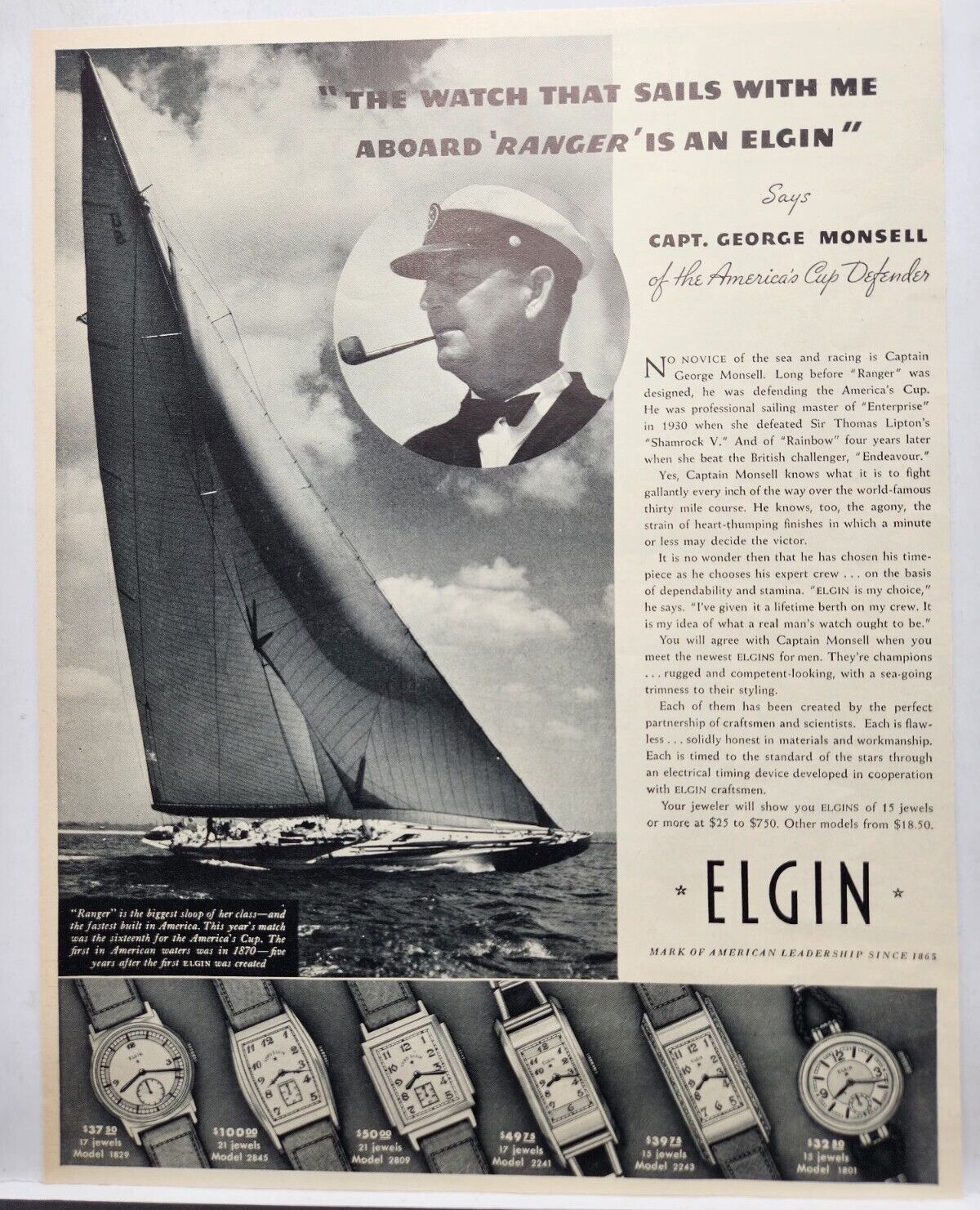 1937 Elgin Watch Sailboat Americas Cup Ranger Vtg Print Ad Man Cave Poster 30\'s