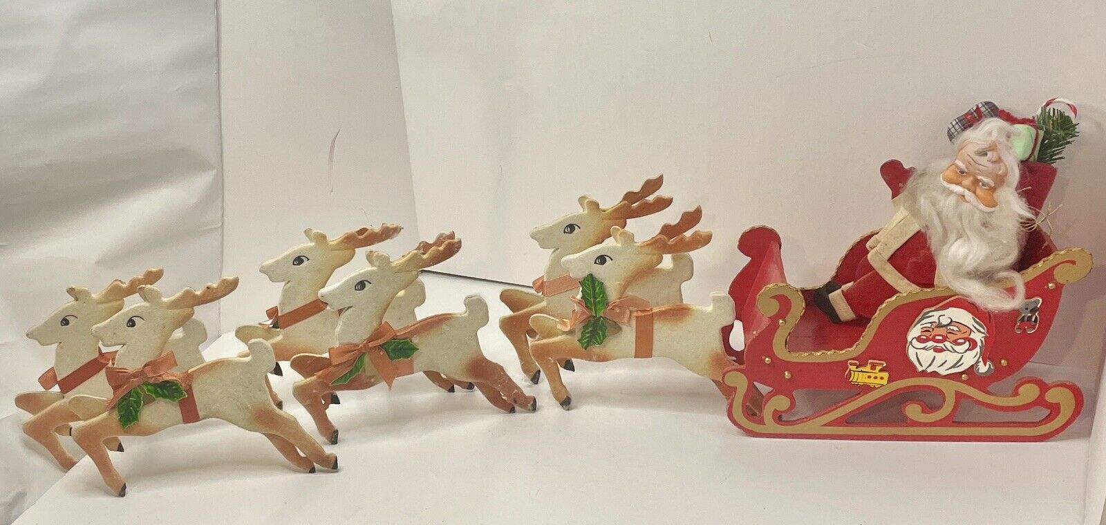Vintage Christmas Santa W/ Sleigh And 6 Flocked Folding Reindeer Japan Rare Set