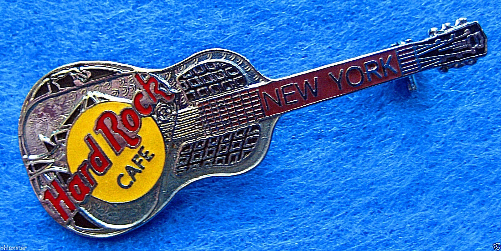 NEW YORK CITY SILVER TRI PLATE ACOUSTIC GUITAR MODEL 35 2LC Hard Rock Cafe PIN