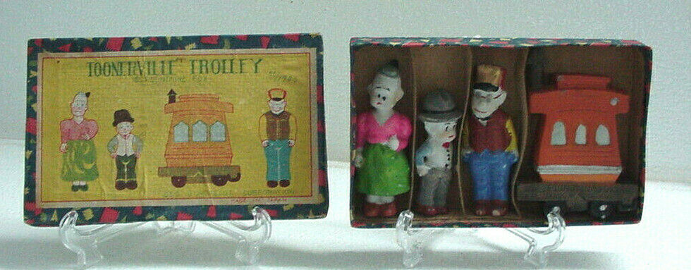 TOONERVILLE TROLLEY FOUR PIECE BISQUE SET BOXED N/M + CIRCA 1931 THE BEST