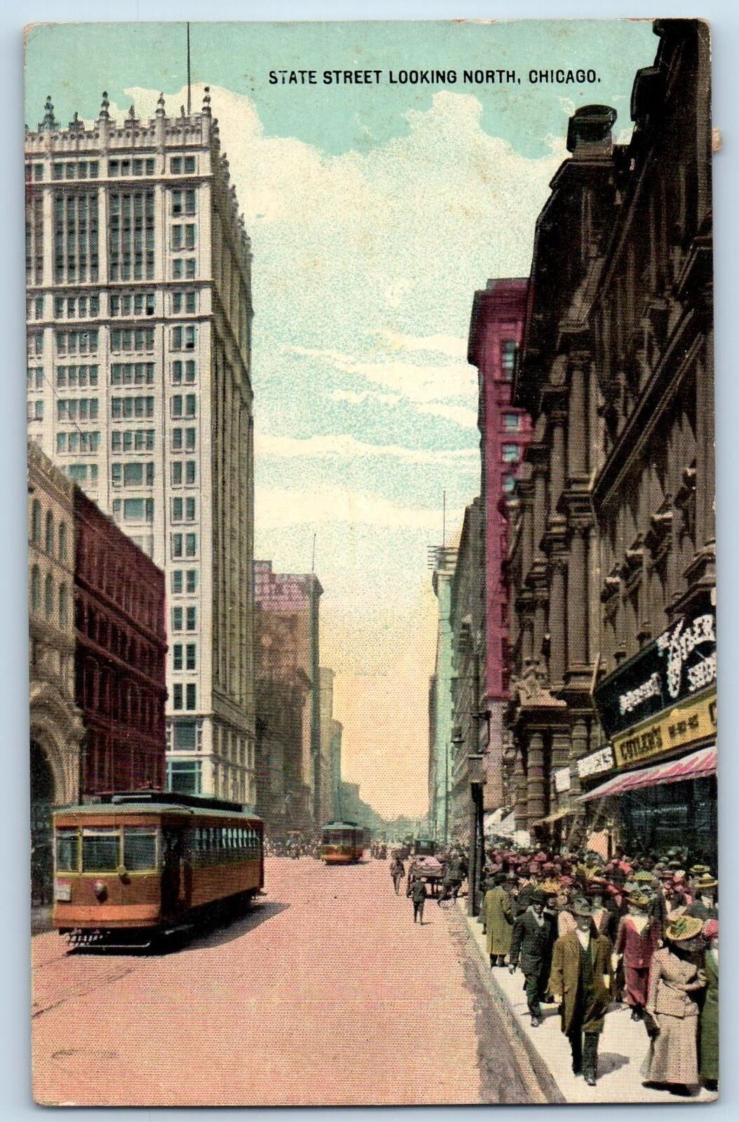 1914 State Street Looking North Downtown Crowd Trolley Chicago Illinois Postcard