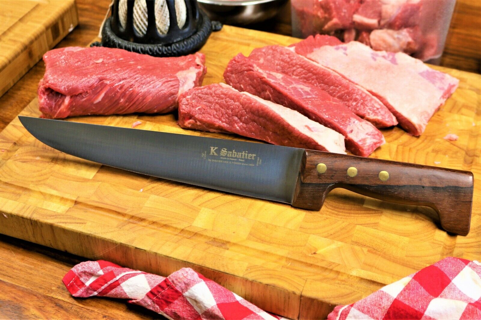 Sabatier 11 inch Butchers Knife, Stainless / walnut . Made in France ,see video