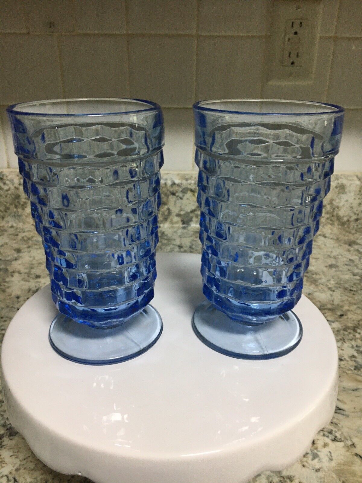Vintage SET OF 2 Indiana Glass Whitehall Glasses Light Blue Cubist Footed 6”