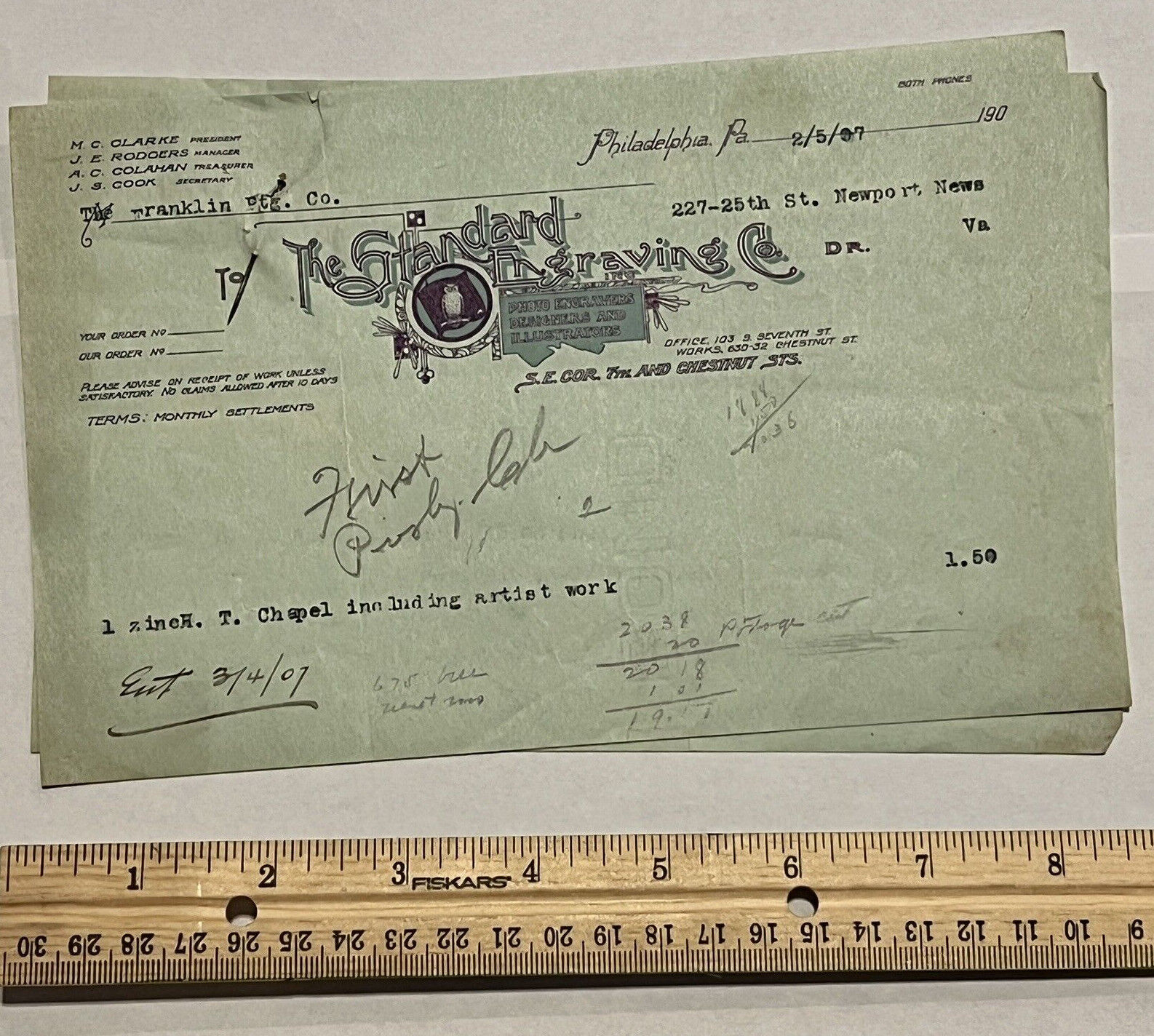 1907 THE STANDARD ENGRAVING COMPANY PHILADELPHIA RECEIPTS STAPLED BY NAIL