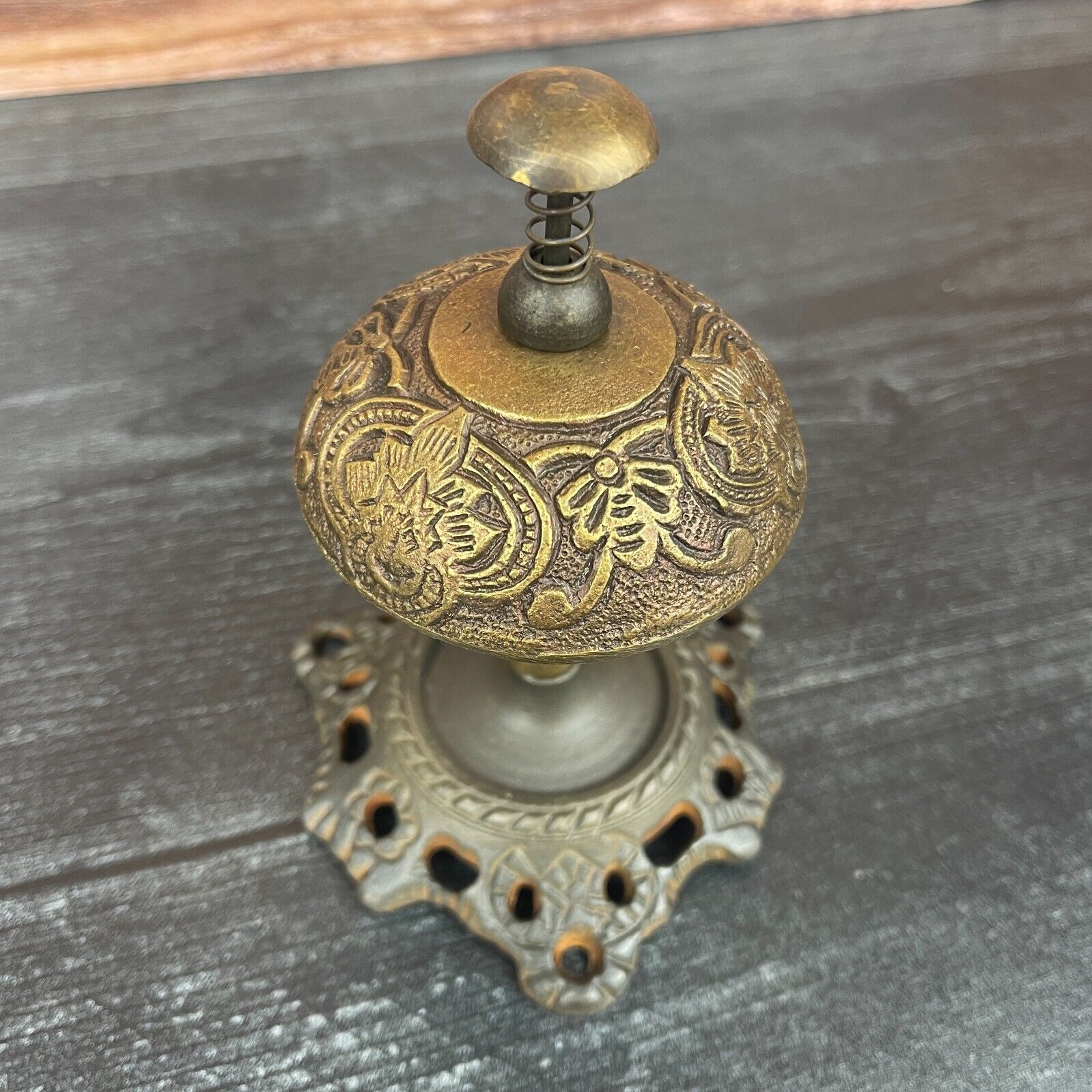 Hotel Desk Bell On Stand Solid Brass With Butterfly Engraving And Antique Finish