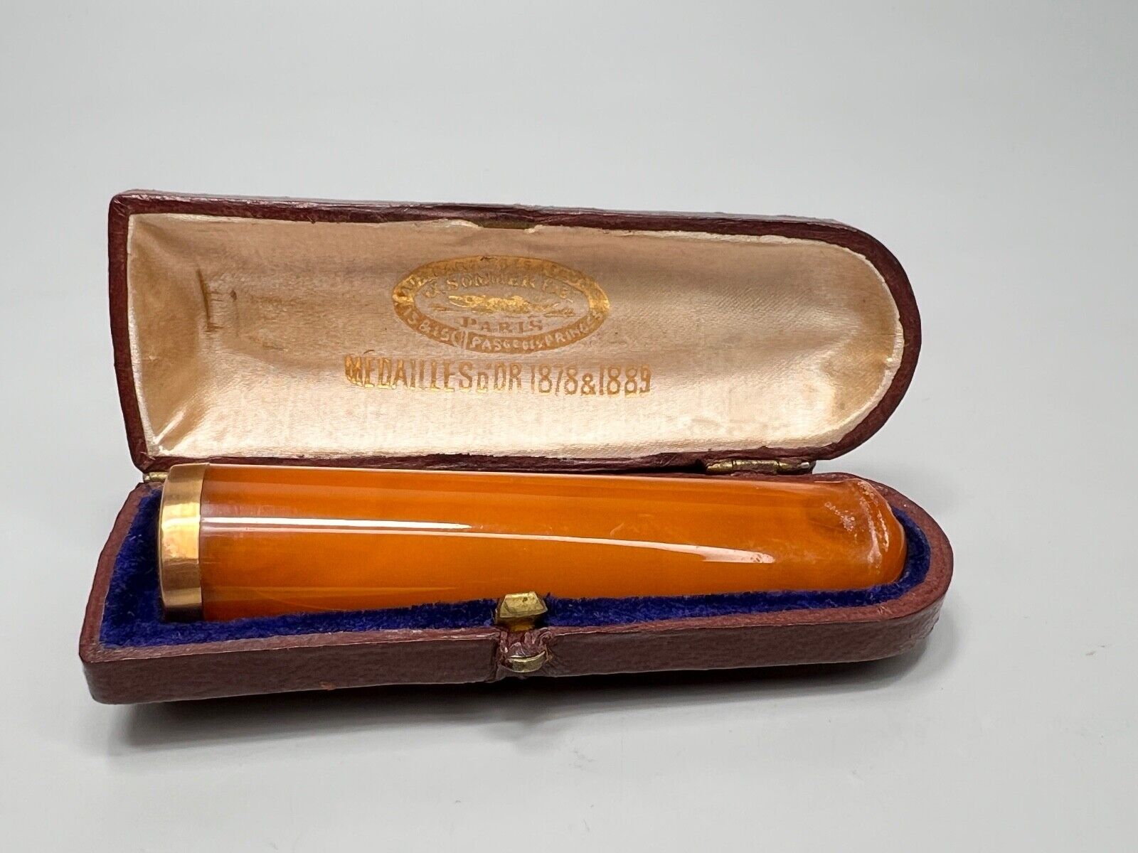 19c.Antique French J.Sommer 18K Gold Egg Yolk Amber Cigarette Cigar Holder &Case